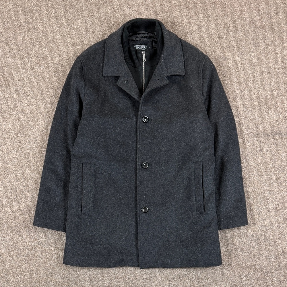 Grey Wool Cashmere Silk Button Front Coat Men XXL Full Zip Mock Neck Sweater Bib